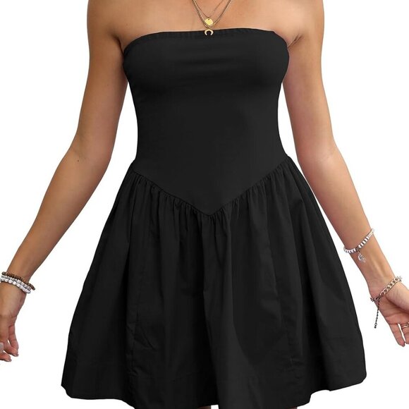 Dresses & Skirts - Women Mini Dress Strapless Cotton Spandex Summer Beach A Line Flowy
